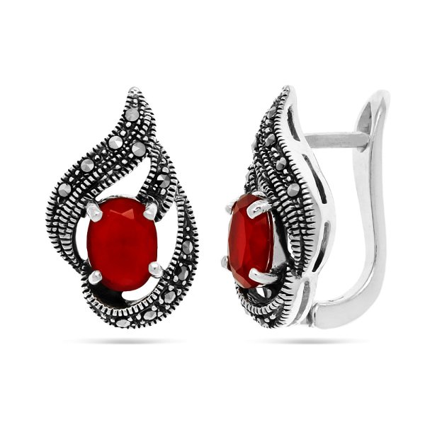 Серьги Эвора - Серебро 925, Марказит, Синтетический рубин (арт. 649416)