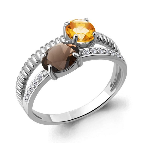 Кольцо Аквамарин - Серебро 925, Кварц дымчатый , Фианит, Цитрин (арт. 65032635А.5)