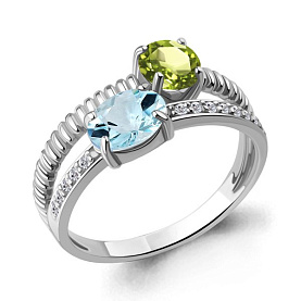 Кольцо Аквамарин - Серебро 925, Топаз, Фианит, Хризолит (арт. 65032631А.5)