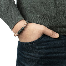 Браслет Фиделис - Сталь, Вулканическая лава, Гематит, Родонит (арт. AS-S03-10-LvRdl)
