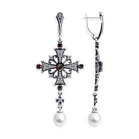 Серьги Diamant - Серебро 925, Гранат, Жемчуг культивированный, Фианит (арт. 95-321-02037-1)