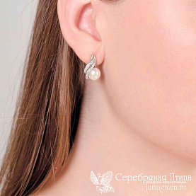 Серьги Красная пресня - Серебро 925, Жемчуг культивированный, Фианит (арт. 3337724Д)