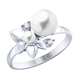 Кольцо SOKOLOV - Серебро 925, Жемчуг имитация, Фианит (арт. 94012779)